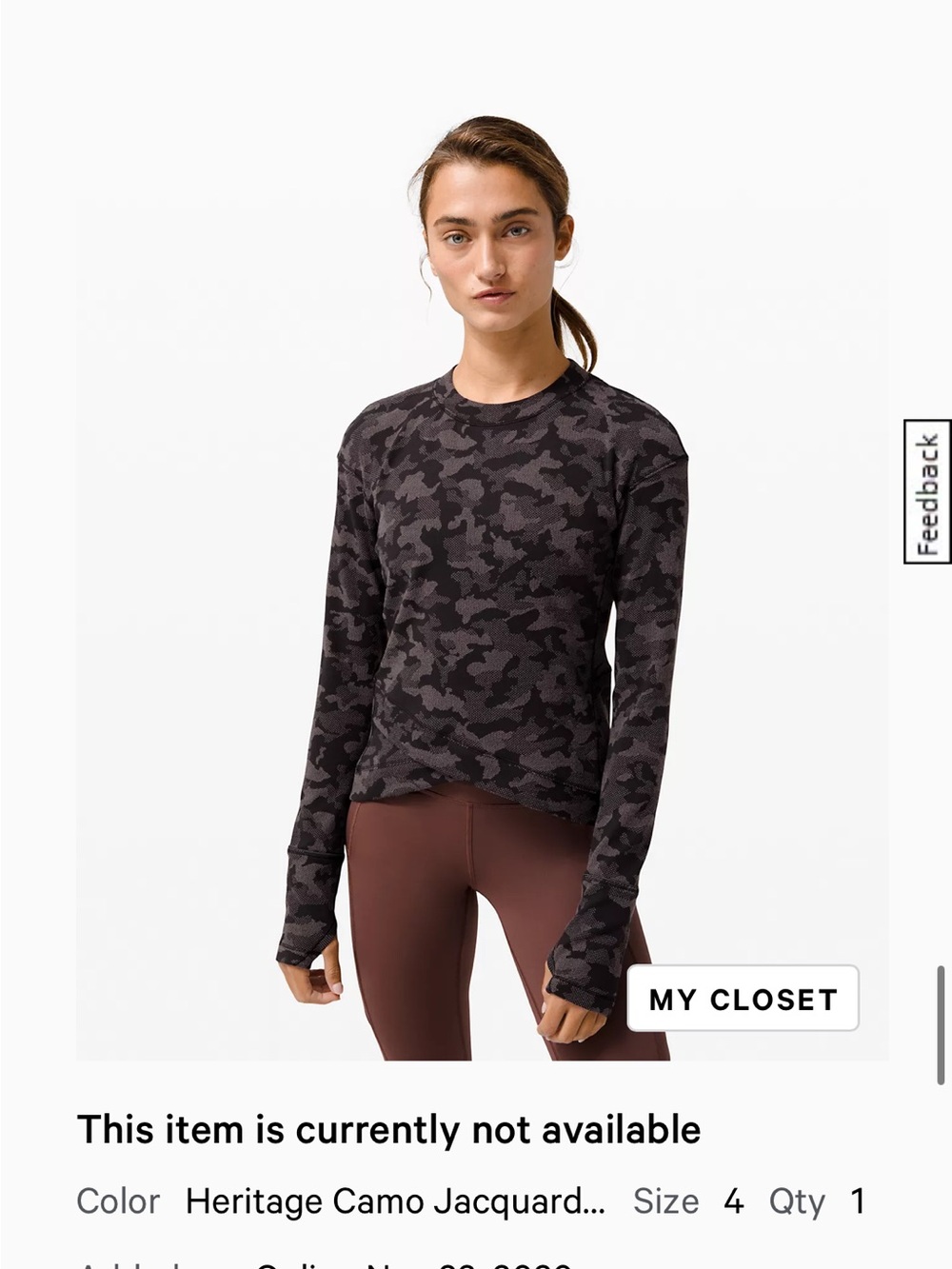 lululemon athletica Black & Gray Camo Long Sleeve Top
